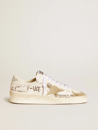 Stardan leather with all-over lettering and ice-gray suede star