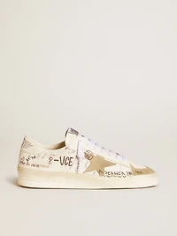 Stardan leather with all-over lettering and ice-gray suede star