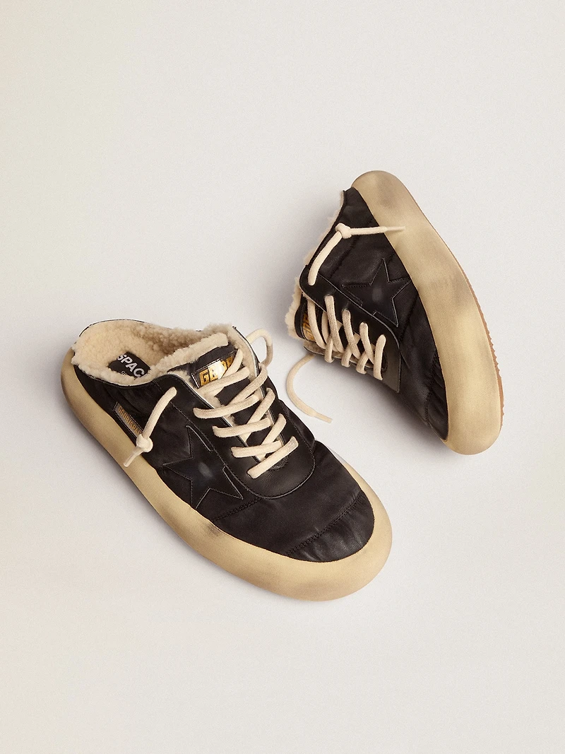 Men's Space-Star Sabot shoes in quilted black nylon with shearling lining