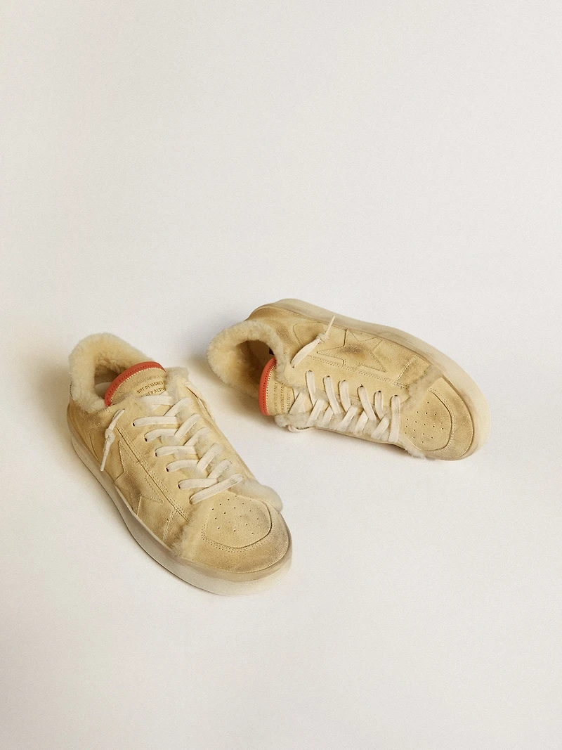 Stardan beige suede with leather heel tab and shearling lining