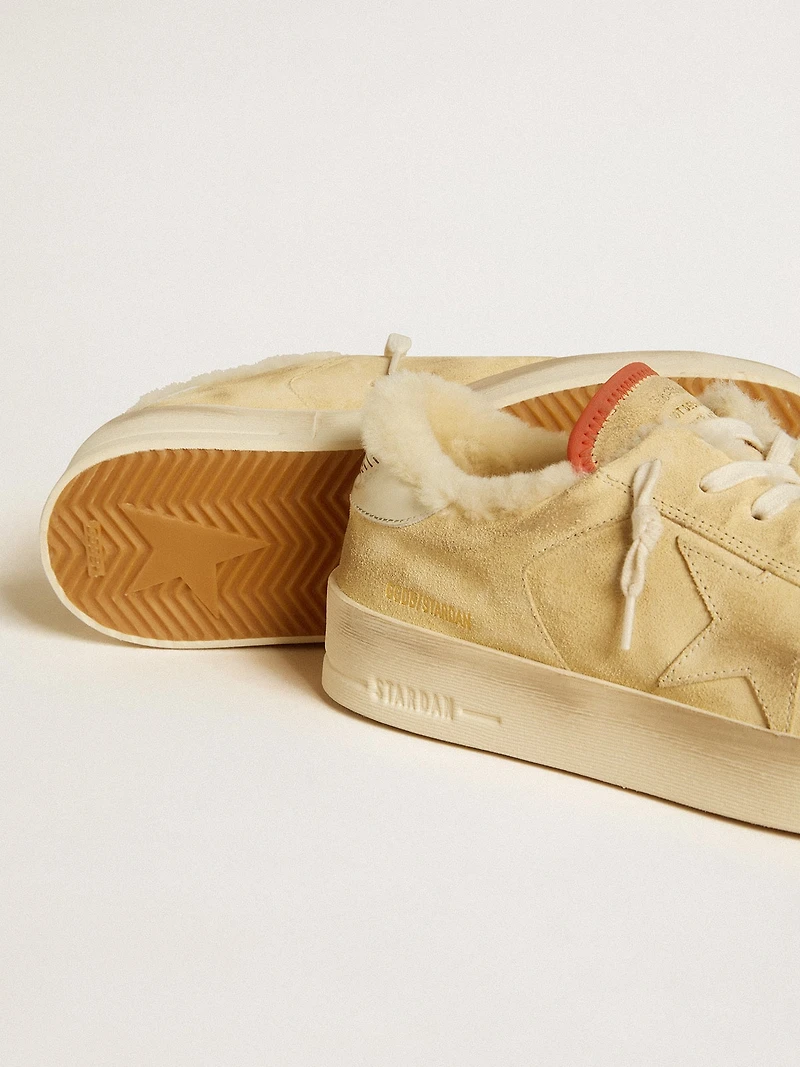 Stardan beige suede with leather heel tab and shearling lining