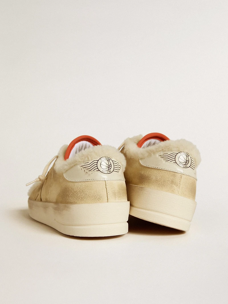 Stardan beige suede with leather heel tab and shearling lining