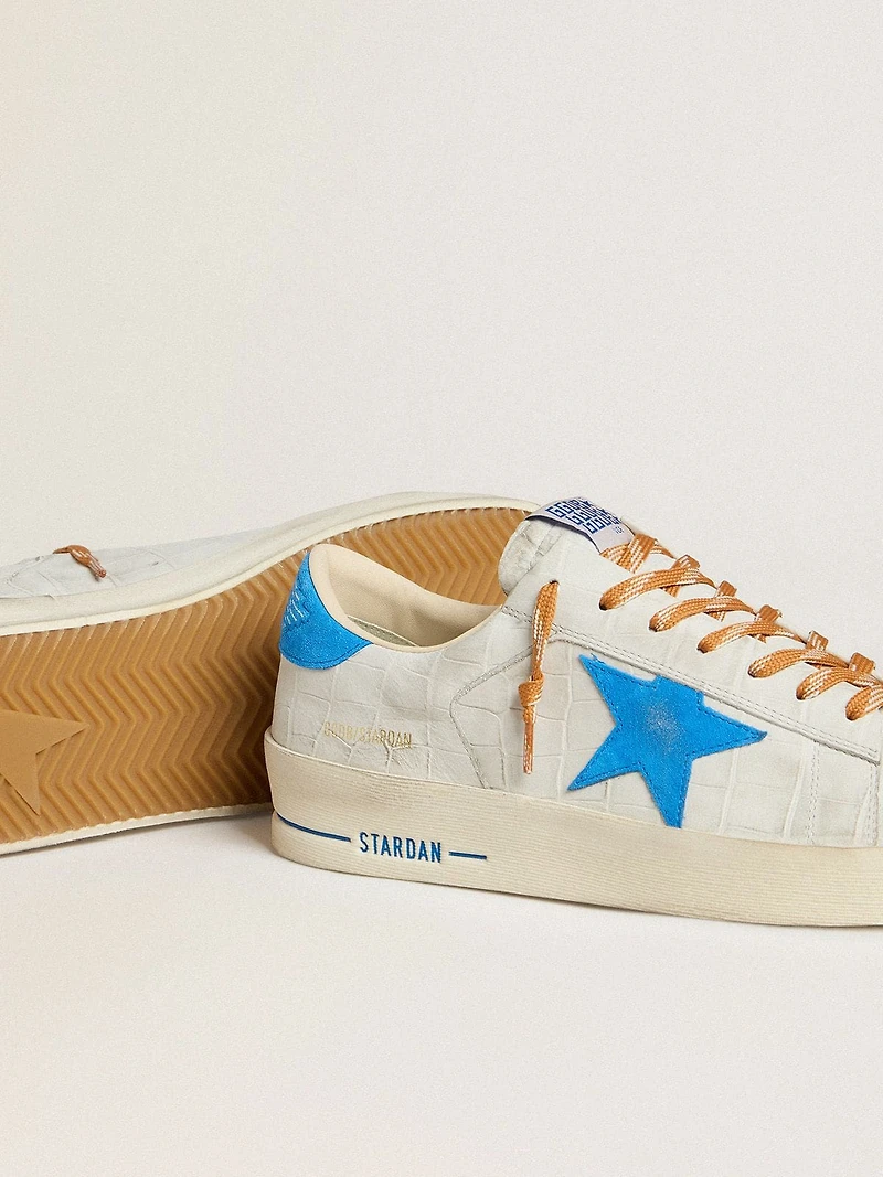 Stardan in white croc-print leather with light blue suede star and heel tab
