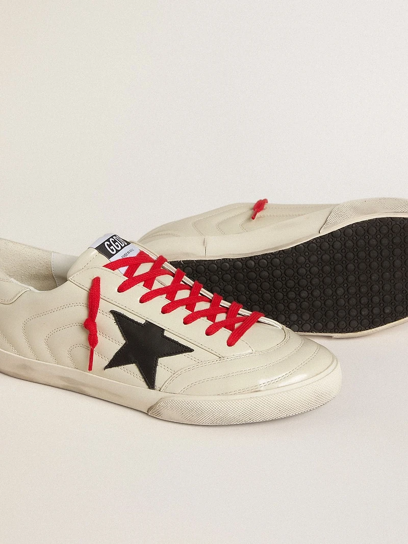 Men's Super-Star glossy white matelassé leather with black star