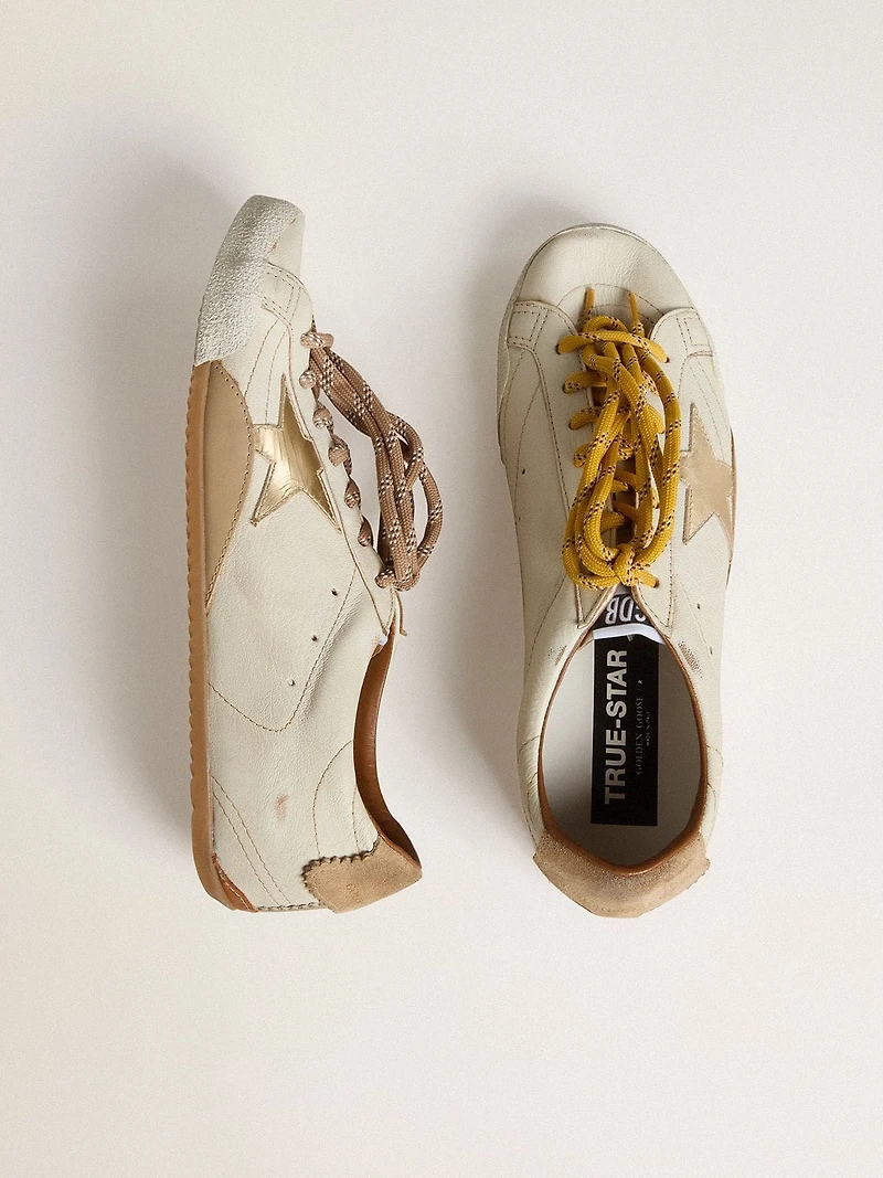 Men's True-Star white nappa leather with gold foiled star and beige suede heel tab