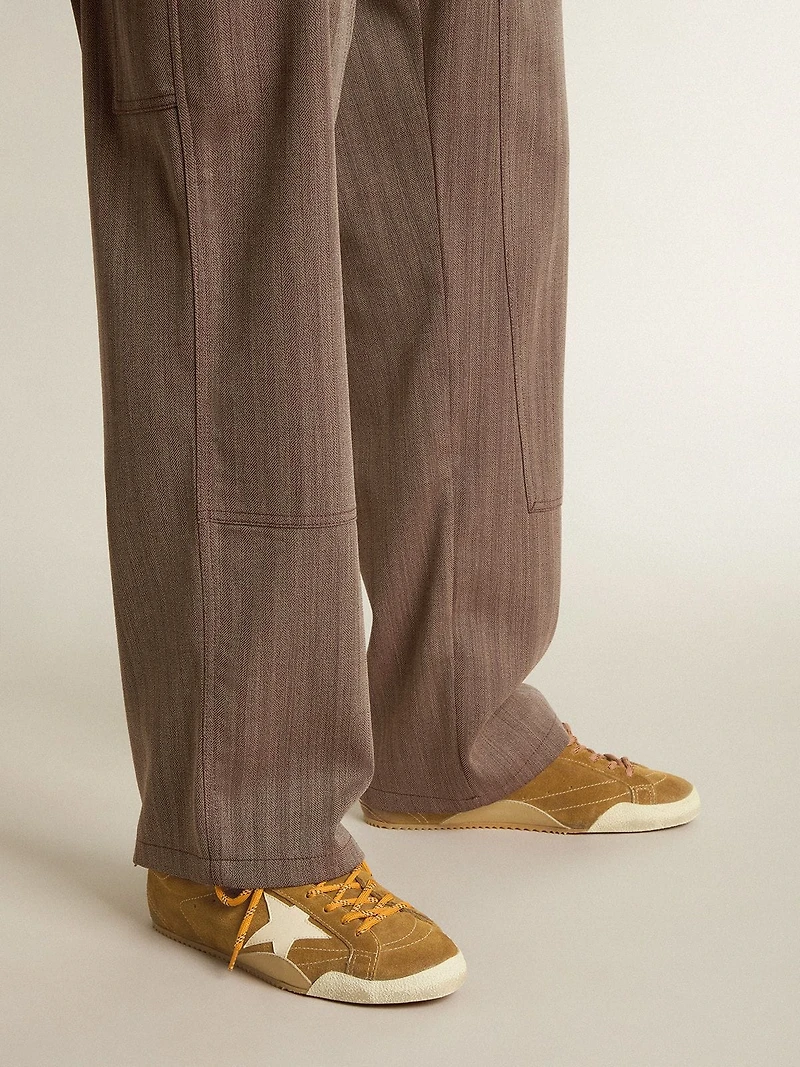 Men's True-Star tobacco-colored suede with white star and platinum heel tab