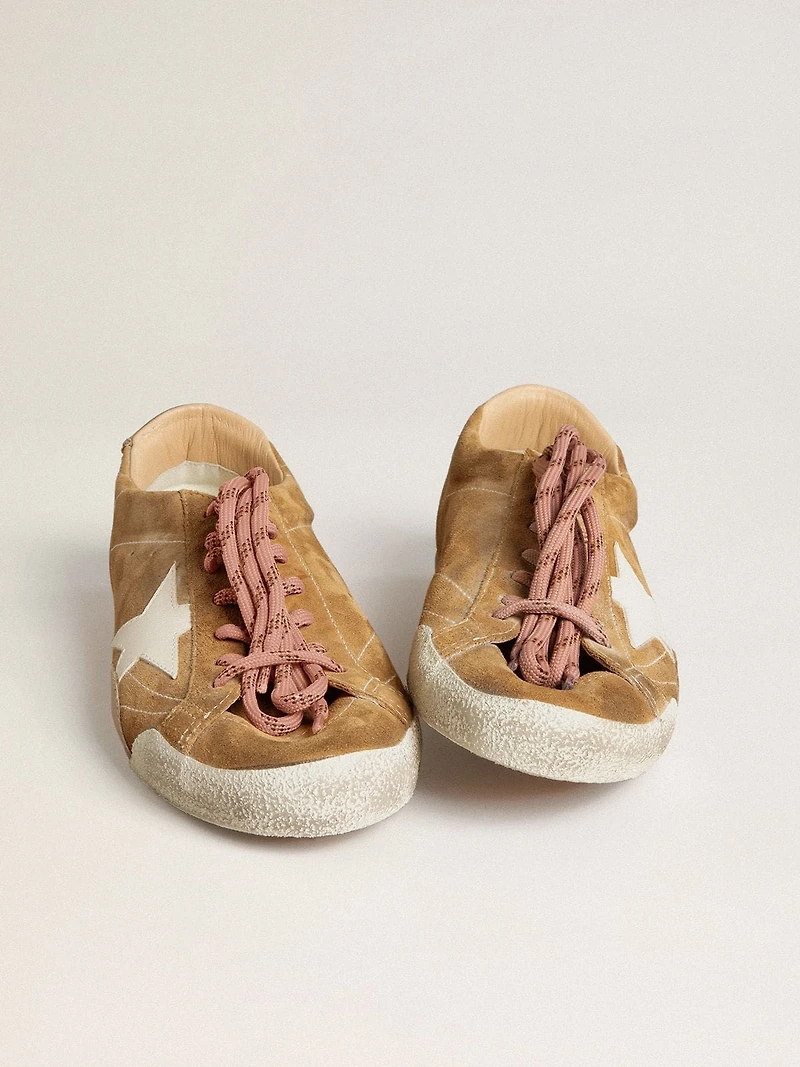 Men's True-Star tobacco-colored suede with white star and platinum heel tab