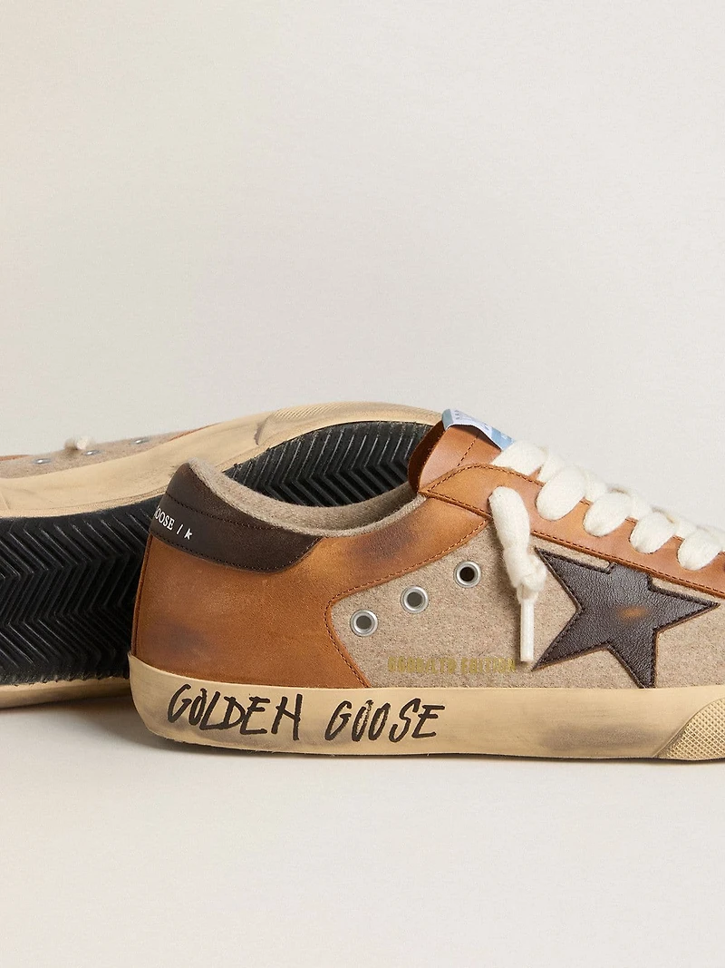 Men's Super-Star LTD beige wool with brown leather star and camel inserts
