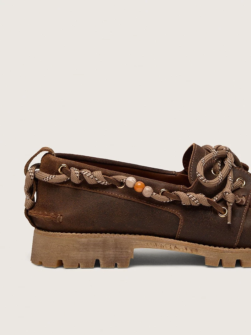 Men's Cruise loafers brown waxed suede with dove gray hiking laces