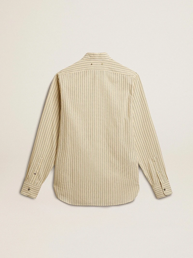 Men’s ecru cotton shirt with narrow black stripes