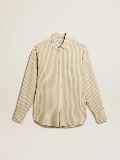 Men’s ecru cotton shirt with narrow black stripes