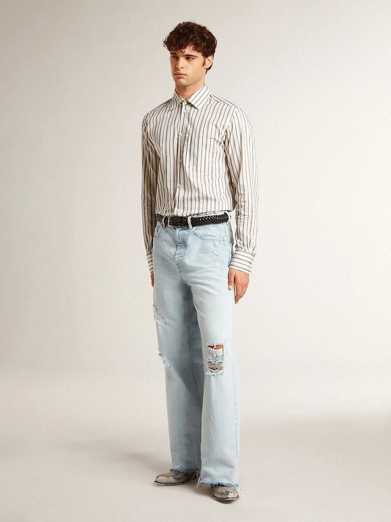Men's white cotton shirt with fine burgundy stripes