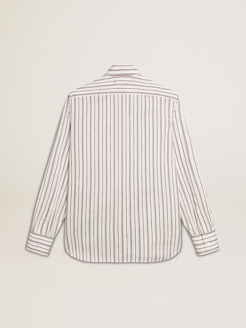 Men's white cotton shirt with fine burgundy stripes