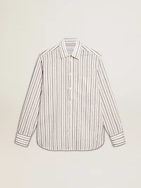 Men's white cotton shirt with fine burgundy stripes