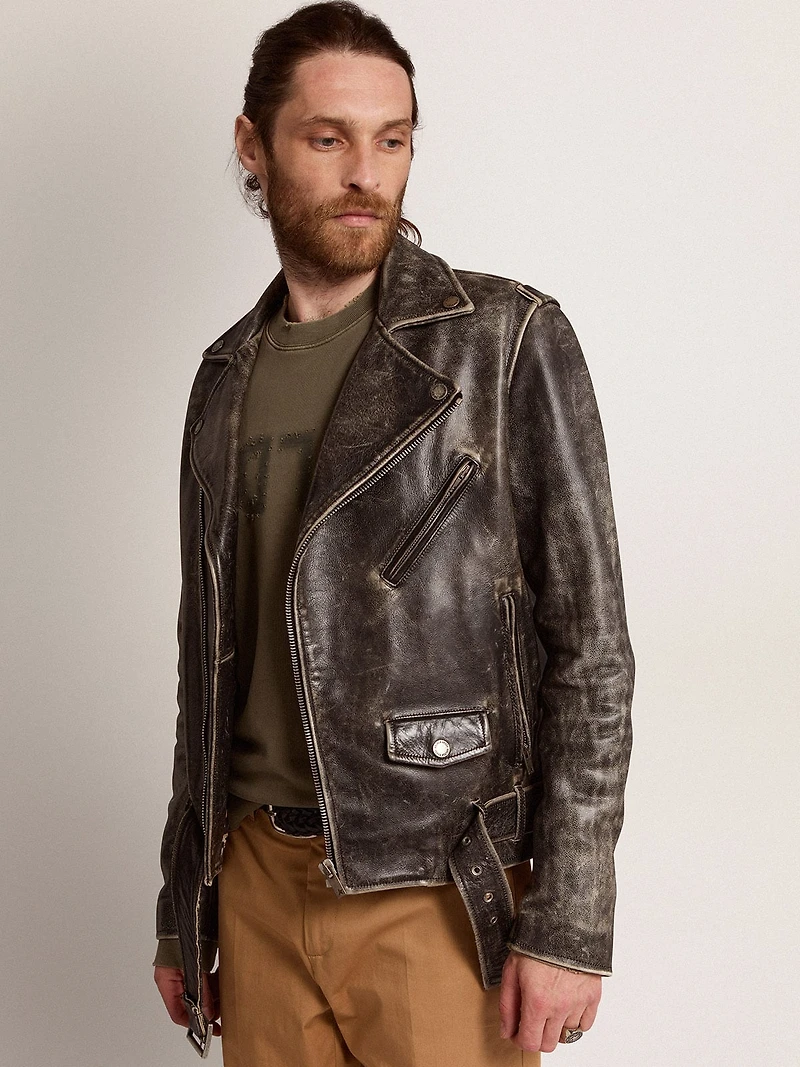 Men's biker jacket distressed leather