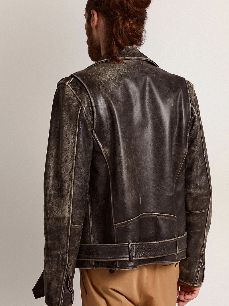 Men's biker jacket distressed leather