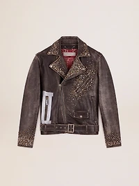 Men's leather biker jacket with hammered studs and adhesive tape