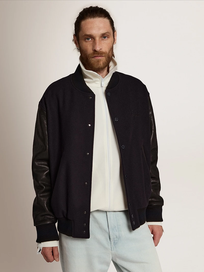 Men's bomber jacket dark blue wool with leather sleeves