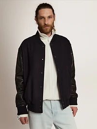Men's bomber jacket dark blue wool with leather sleeves