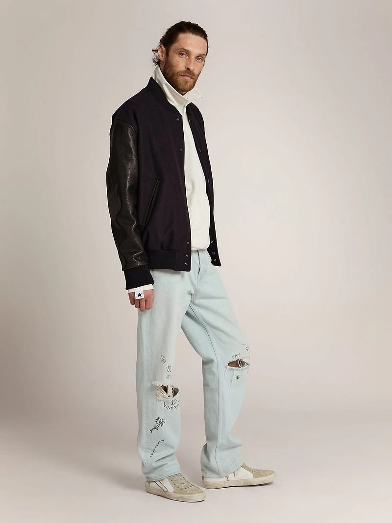 Men's bomber jacket dark blue wool with leather sleeves