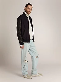 Men's bomber jacket dark blue wool with leather sleeves