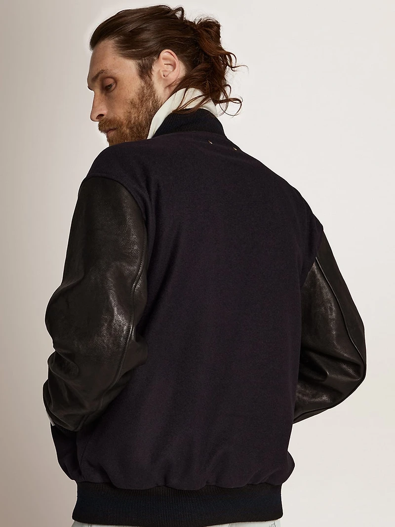 Men's bomber jacket dark blue wool with leather sleeves