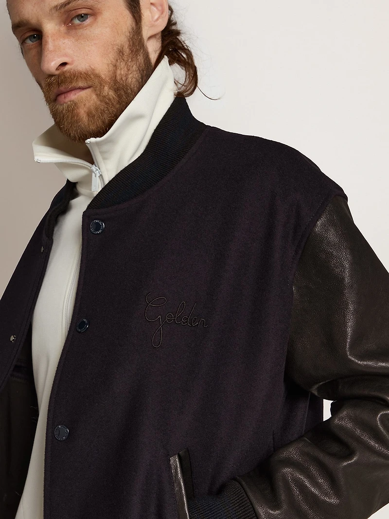 Men's bomber jacket dark blue wool with leather sleeves