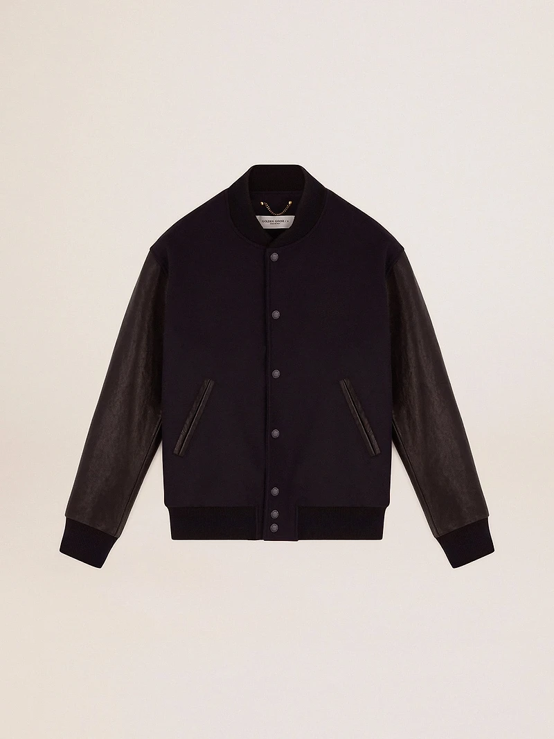 Men's bomber jacket dark blue wool with leather sleeves