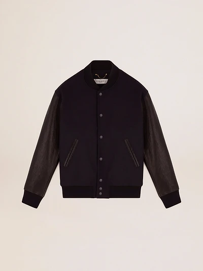 Men's bomber jacket dark blue wool with leather sleeves
