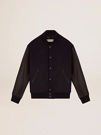 Men's bomber jacket dark blue wool with leather sleeves