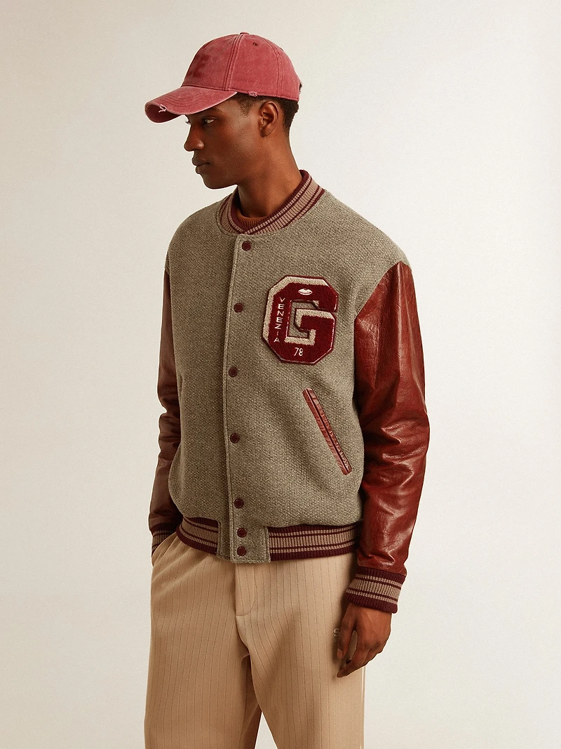 Bomber jacket gray melange wool with leather sleeves