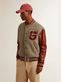 Bomber jacket gray melange wool with leather sleeves