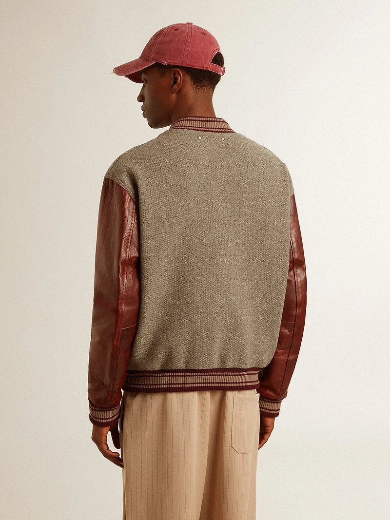 Bomber jacket gray melange wool with leather sleeves