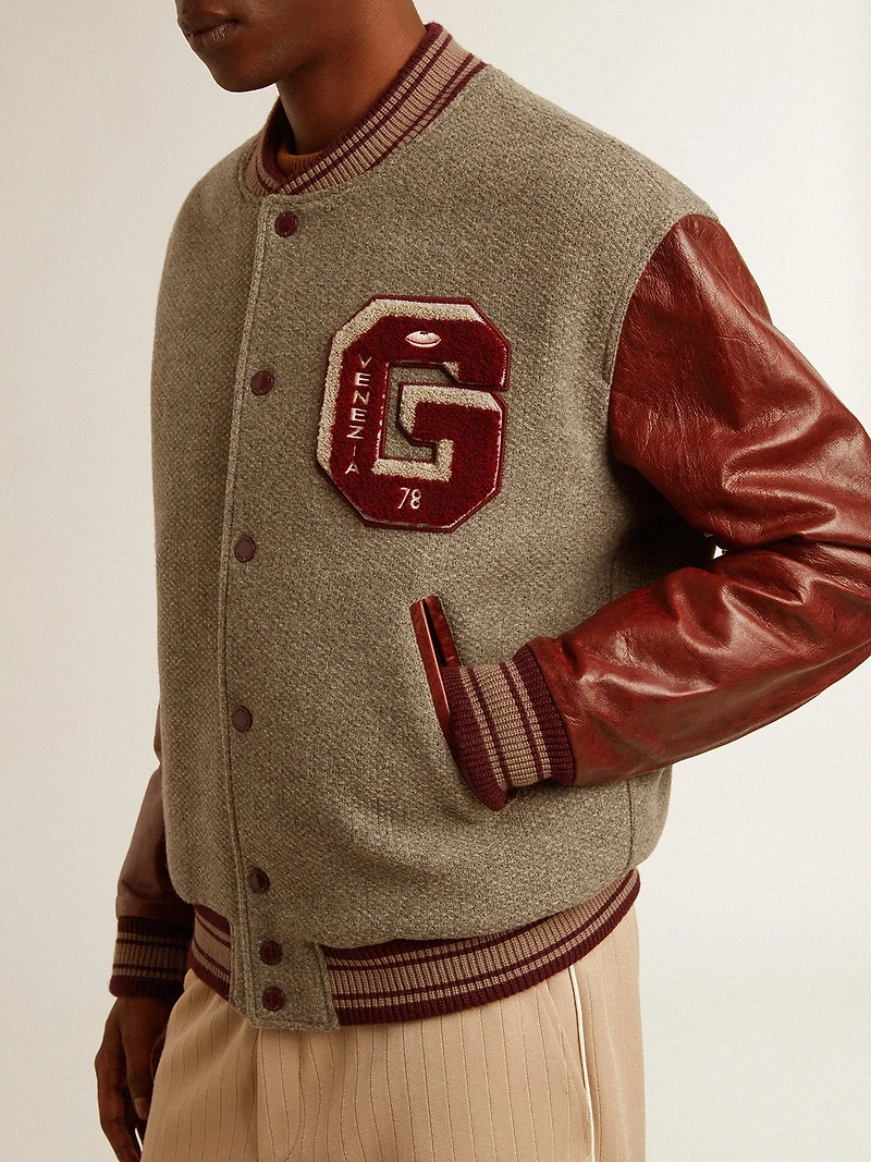 Bomber jacket gray melange wool with leather sleeves