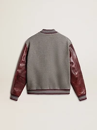 Bomber jacket gray melange wool with leather sleeves
