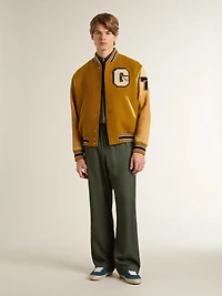 Ochre yellow wool bomber jacket with leather sleeves
