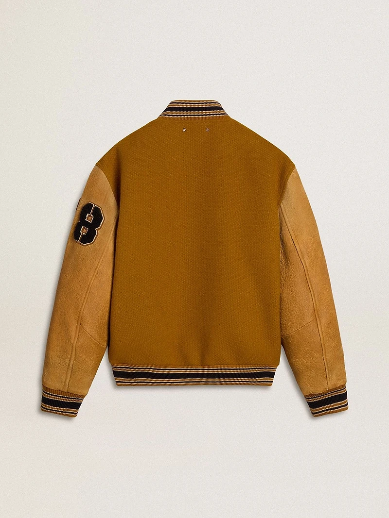 Ochre yellow wool bomber jacket with leather sleeves