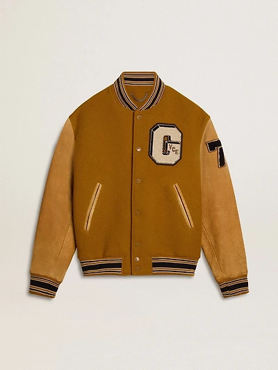 Ochre yellow wool bomber jacket with leather sleeves