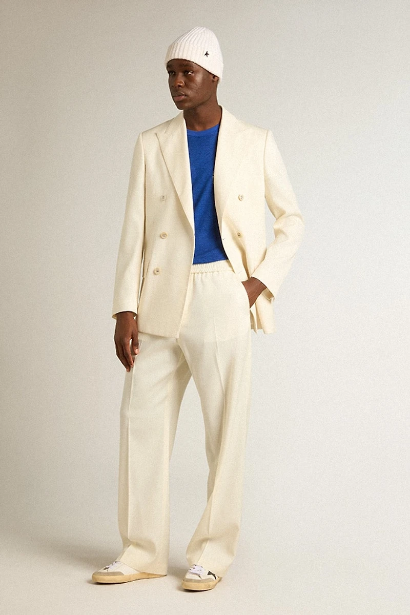 Men’s cream-colored double-breasted blazer