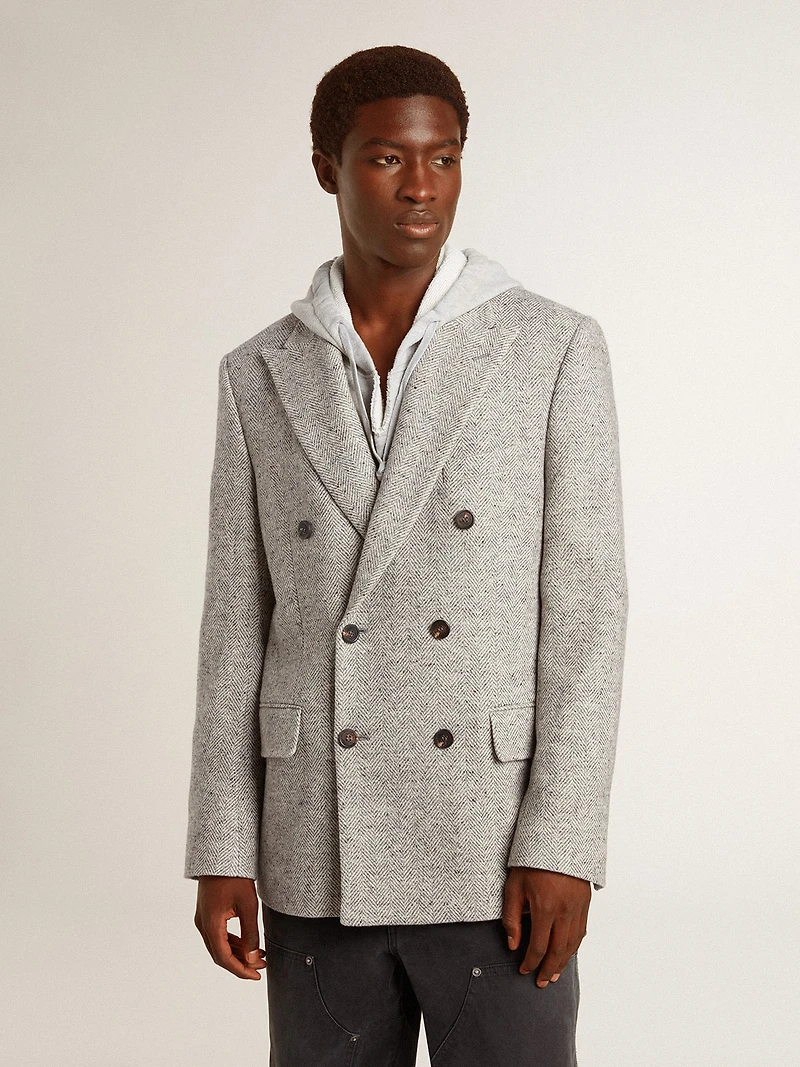 Men's double-breasted jacket gray silk and chevron wool