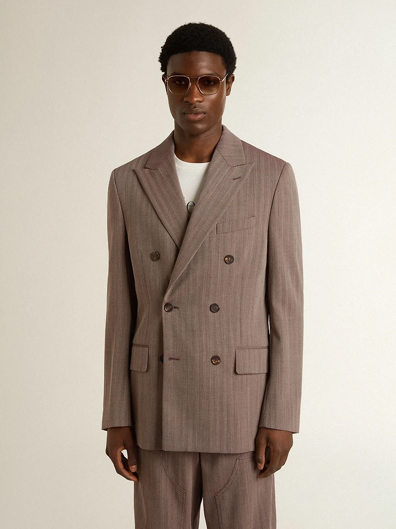 Men's beige chevron wool blend double-breasted blazer