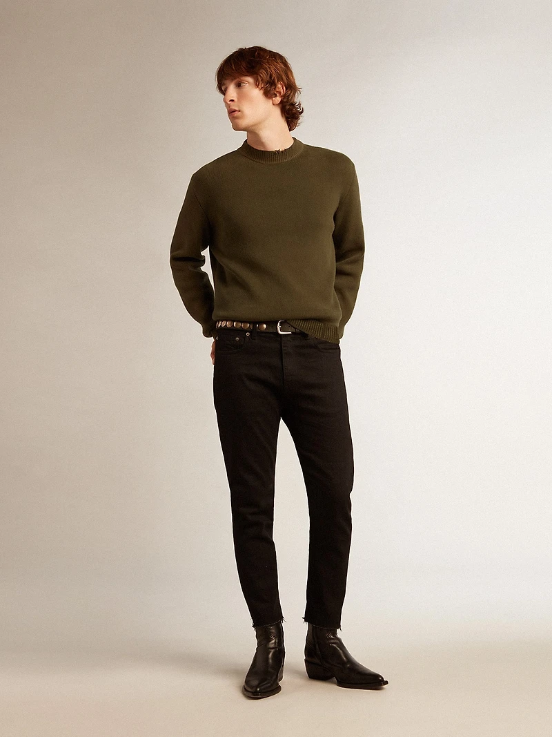 Men's round-neck sweater military green cotton