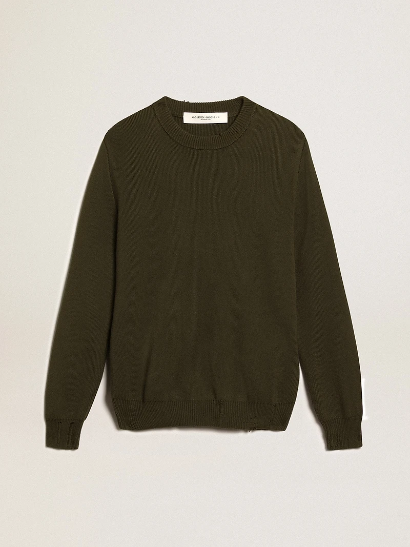 Men's round-neck sweater military green cotton