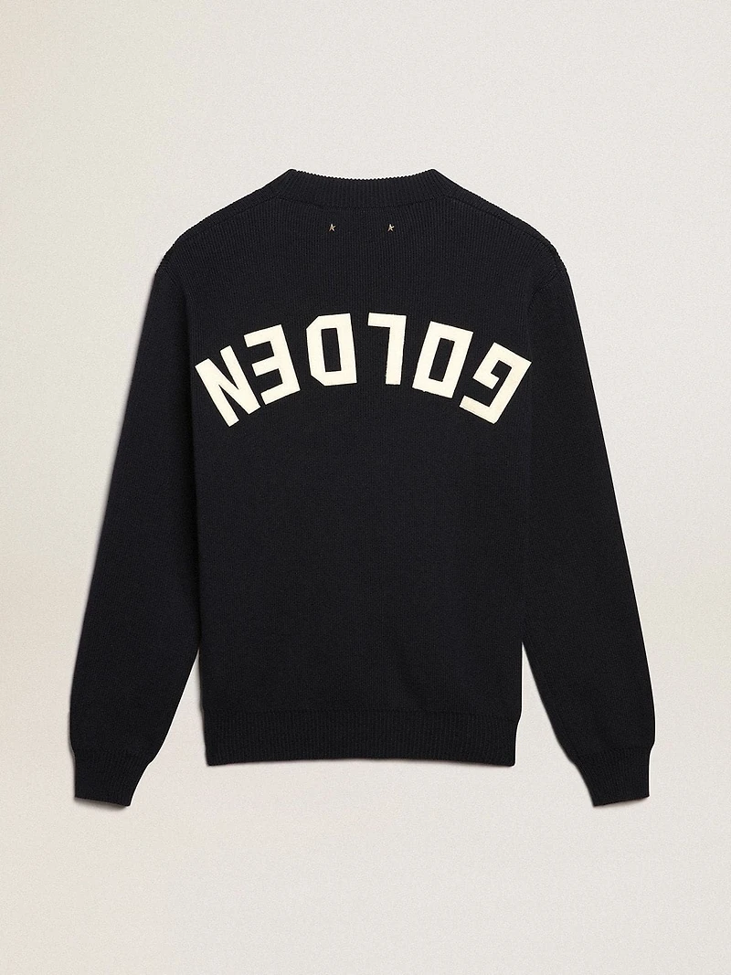 Men's round-neck sweater dark blue cotton with logo