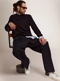 Men's round-neck sweater dark blue cotton with logo