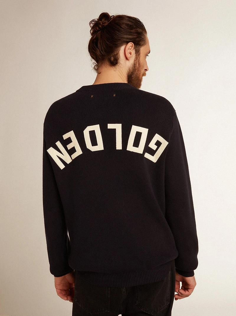 Men's round-neck sweater dark blue cotton with logo