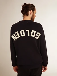 Men's round-neck sweater dark blue cotton with logo