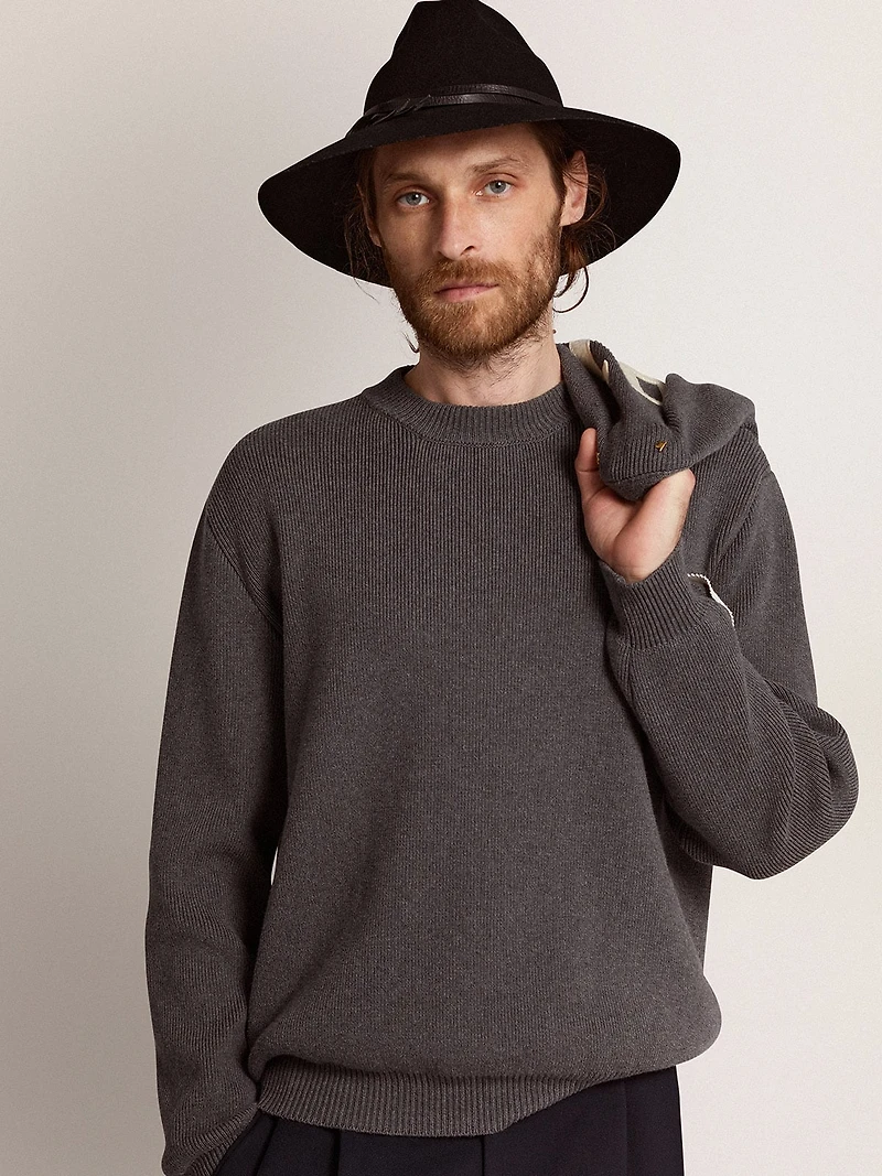 Men's round-neck sweater dark gray cotton with logo on the back
