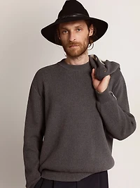 Men's round-neck sweater dark gray cotton with logo on the back