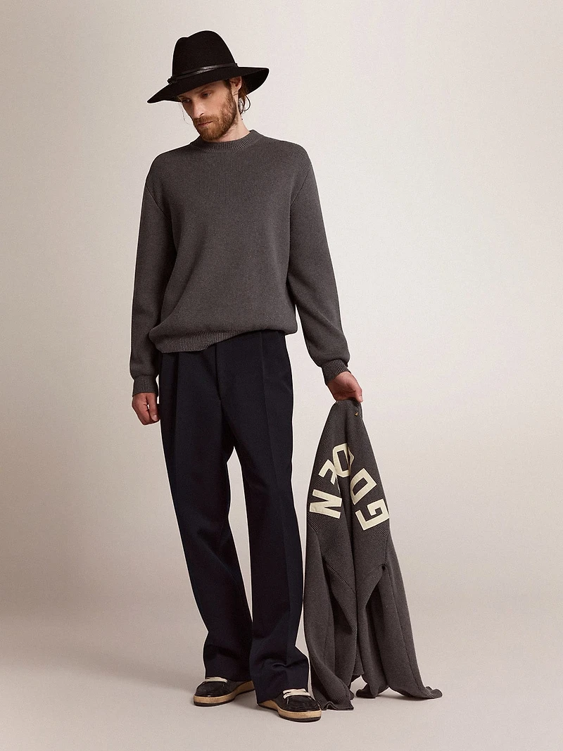Men's round-neck sweater dark gray cotton with logo on the back